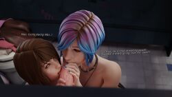 1boy 2girls 3d bathroom bisexual blowjob blue_hair brown_hair chloe_price collaborative_fellatio dialogue dinoboy555 english_text eye_contact fellatio female glory_hole handjob life_is_strange looking_at_another male max_caulfield oral penis teenager toilet