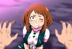 1boy 1boy1girl bodysuit defeated defeated_heroine imminent_rape large_breasts mullon my_hero_academia ochako_uraraka pov torn_bodysuit torn_clothes uraraka_ochako