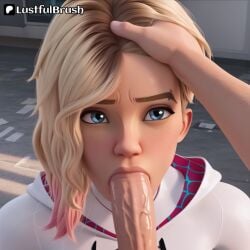 ai_generated blonde_hair blowjob blue_eyes gwen_stacy head_grab oral spider-gwen