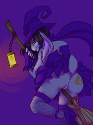 anthro anus broom dress female female_only fur furry halloween lagomorph lantern looking_back magic_user purple_background purple_eyes pussy rabbit skimpy solo stellary tattoo witch