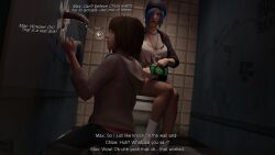 2girls 3d bathroom bisexual blue_hair brown_hair chloe_price clothed cock_shock cucked_lesbian dark-skinned_male dialogue dinoboy555 english_text female glory_hole imminent_oral interracial life_is_strange male max_caulfield penis penis_awe petite teenager text toilet uncensored