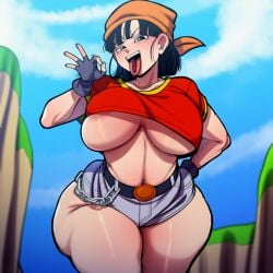 1girls bandanna big_breasts black_eyes black_hair blackwhiplash cloudy_sky cropped_shirt denim dragon_ball_gt fellatio_gesture female_focus gloves hips inviting_to_suck jean_shorts jeans looking_at_viewer naughty_face navel pan_(dragon_ball) shirt tongue_out younger_female