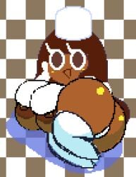 areola areolae big_areola big_ass big_breasts brown_areola brown_eyes brown_hair brown_skin clothing cocoa_cookie cookie cookie_(cookie_run) cookie_run cookie_run_kingdom cookie_run_ovenbreak cubesmolly devsisters food_creature food_humanoid hand_under_head looking_at_viewer lying_down mob_face panties pixel_art thighhighs