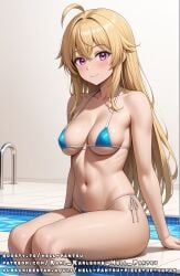 ahoge asia_argento ass blonde_hair blue_bikini hell-pantsu hot_springs long_hair mountains parted_bangs purple_eyes sauna side_view small_breasts steam_room towel wet