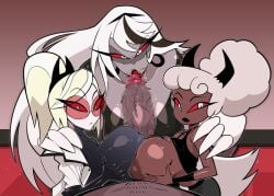 1boy 2d 2d_(artwork) 3demons 3girls big big_areola big_breasts big_nipples big_penis black_crop_top black_gloves black_turtleneck blonde_hair blowjob boobjob boobjob_during_fellatio brown_nipples carmilla_carmine censored_penis clara_(hazbin_hotel) demon demon_girl demon_horns double_breast_grab double_paizuri earrings erected_nipples erected_penis giant_breasts glasses grey_hair grey_skin hazbin_hotel holding_breast labcoat milf mother_and_daughter nipples odette_(hazbin_hotel) oyakodon paizuri paizuri_over_clothes r-one red_eyes saliva saliva_on_tongue shimaidon sisters tan_skin tongue_out veiny_penis white_hair white_skin