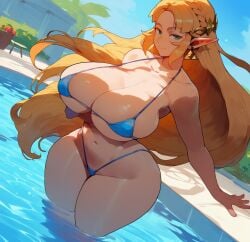 1girls ai_generated big_ass big_breasts bikini curvy huge_ass huge_breasts mamaguevin micro_bikini pool princess_zelda request voluptuous