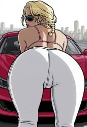 arms_on_car ass_focus best_quality blonde_hair bracelet breasts cityscape female from_behind good_quality grand_theft_auto grand_theft_auto:_san_andreas hoop_earrings leaning_forward lipstick looking_at_viewer masterpiece motor_vehicle necklace no_eyes parking_lot pink_bikini pink_nails red_lips red_sports_car rochell’le san_francisco single_braid solo sunglasses white_pants