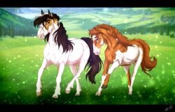 ambiguous_gender black_mane black_tail blue_eyes brown_body brown_eyes brown_mane brown_tail dated duo equid equine feral fur horse letterbox male mammal mane meadow mouth_closed outside plant scarlanya signature tail tree white_body white_fur