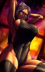 1girls arms_up big_breasts bleach bleach:_the_thousand-year_blood_war breasts busty curvy dark-skinned_female dark_skin female female_only fit_female gold_eyes leotard ponytail purple_hair shihouin_yoruichi sideboob solo sweat tettora thick_thighs thighhighs toned toned_female wide_hips