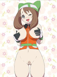 bee-j1 blush bottomless breasts brown_hair covering covering_breasts gloves grey_eyes hat high_resolution human human_only innie_pussy large_breasts long_hair makoto_daikichi may_(pokemon) may_(pokemon_emerald) navel open_mouth pokemon pubic_hair pussy smile tear uncensored wink