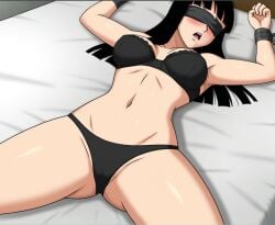 armpits bed_bondage belly belly_button bikini black_bikini black_hair blindfold bondage bound bound_ankles bound_to_bed bound_wrists breasts dragon_ball dragon_ball_super hime_cut long_hair mai_(dragon_ball) spread_arms spread_eagle spread_legs tied_to_bed tied_up white_bed white_bed_sheet