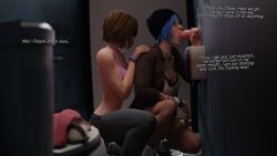 2girls 3d bathroom bisexual blowjob blue_hair brown_hair chloe_price closed_eyes clothed dialogue dinoboy555 english_text fellatio female glory_hole life_is_strange male max_caulfield oral penis teenager toilet