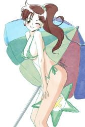 artist_name bikini bishoujo_senshi_sailor_moon breasts brown_hair cleavage collarbone curvy dated earrings female green_bikini green_eyes hair_ornament jewelry large_breasts long_hair looking_at_viewer makoto_kino nanaeljustice navel one_eye_closed parasol ponytail simple_background smile string_bikini swimsuit umbrella