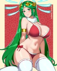 1girls armlet big_breasts bikini blush christmas green_eyes green_hair grin hair_ornament jewelry kaos_art kid_icarus long_hair looking_at_viewer navel nintendo palutena red_bikini santa_bikini simple_background smile stockings swimsuit thighs white_thighhighs