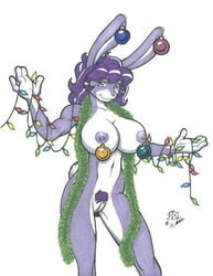 2001 anthro big_breasts breasts christmas christmas_lights female fur furry holidays kyle_hutchings lagomorph nipple_piercing nipples nude ornaments piercing plain_background pubic_hair purple_hair pussy rabbit solo tail white_background