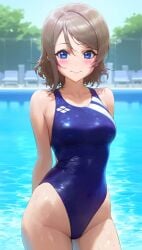 ai_generated blue_eyes breasts breasts_out brown_hair competition_swimsuit female levia9781 love_live! love_live!_sunshine!! medium_breasts navel nipples one-piece_swimsuit short_hair solo stomach swimsuit thighs watanabe_you wavy_hair