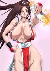 1girls brown_eyes brown_hair dead_or_alive fatal_fury female female_only fit_female huge_breasts king_of_fighters long_hair looking_at_viewer mai_shiranui ponytail revealing_clothes solo voluptuous yuri-ai