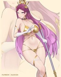 1girls alternate_costume big_breasts bikini cleavage commentary earrings fire_emblem fire_emblem_heroes gloves gold_bikini hair_ornament holding holding_weapon jewelry kaos_art loki_(fire_emblem) loki_(trickster_god)_(fire_emblem) long_hair looking_at_viewer navel nintendo purple_eyes purple_hair sideboob swimsuit thigh_strap thighs under_boob weapon white_gloves zoom_layer