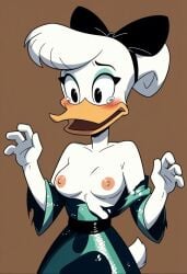 ai_generated blush daisy_duck ducktales_(2017) female female_only malfunction open_mouth suprised tearing_clothes tears torn_clothes wardrobe