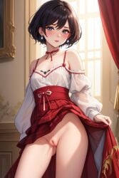 1girls ai_generated blue_eyes bottomless brown_hair clothing earrings female_only flat_chest french lipstick makeup palace paris pussy_juice red_dress revealing revealing_pussy small_breasts solo upskirt vagina wet_pussy