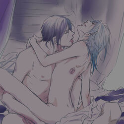 2boys blue_hair gay kuroshitsuji lowres male multiple_boys pluto sebastian_michaelis tattoo