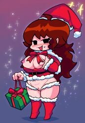 blush christmas christmas_gift christmas_hat christmas_outfit friday_night_funkin girlfriend_(friday_night_funkin) grabbing_own_breast horny_face horny_female puffy_pussy pussy smiling_at_viewer stars stockings sweating thick thick_ass thick_thighs watermark xalp69x