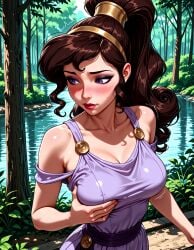 ai_generated ancient_greek_clothes bare_shoulders blush breasts brown_hair bush cleavage closed_mouth clothing collarbone day disney disney_princess dress eyeshadow female female forest grabbing grabbing_own_breast greek_mythology hairband hercules_(disney) high_ponytail jousneystudio lake large_breasts lips long_hair looking_to_the_side makeup megara nature outdoors ponytail purple_dress purple_eyes red_lips reflective_water river shiny_clothes shiny_skin solo sweatdrop tree trembling upper_body water