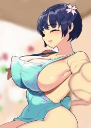 1girls ^_^ amidori apron apron_only backless_outfit bangs bare_shoulders big_breasts blue_hair blunt_bangs blurry blurry_background blush blush_lines bowl_cut breast_focus breasts breasts_focus busty cleavage closed_eyes collarbone curvaceous curvy curvy_female curvy_figure depth_of_field eyebrows_visible_through_hair female female_focus female_only floral_pattern floral_print floral_print_apron flower flower_in_hair foreshortening green_apron groin hair_flower hair_ornament happy hi_res high_resolution highres huge_breasts incoming_hug indoors large_breasts light-skinned_female light_skin marvelous naked_apron nipple_bulge nipples_visible_through_clothing outstretched_arms pink_flower senran_kagura senran_kagura_(series) senran_kagura_shinovi_versus shiny_skin short_hair sideboob smile smiling solo solo_female solo_focus spread_arms tagme thick_thighs thighs unit_bath voluptuous voluptuous_female wholesome yozakura_(senran_kagura)