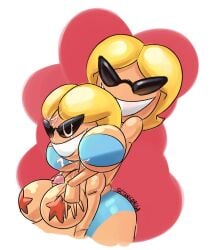 2girls arms_on_shoulders blodne_hair blue_bikini ctankomega cum cum_on_face head_between_breasts huge_breasts knick_knack looking_at_viewer penis_between_breasts pixar smile starfish_on_nipples sunglasses sunny_atlantis sunny_miami