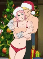 bandaged_arm blush boruto:_naruto_next_generations bra cheating cheating_husband cheating_wife christmas christmas_hat christmas_tree cleavage closed_eyes crossed_arms cuddling curvaceous curvy curvy_body curvy_female curvy_figure front_view gift gift_box green_eyes hi_res hugging hugging_from_behind indoors jack_.mery lingerie long_hair midriff milf naruto naruto_(series) panties pink_hair sakura_haruno santa_hat sexually_suggestive shirtless shirtless_male short_hair smile upper_body uzumaki_naruto yellow_hair