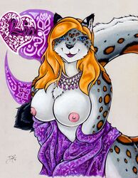 anthro breasts clothing daelyhelaxon feline female fur furry necklace nipples nude snow_leopard tail topless