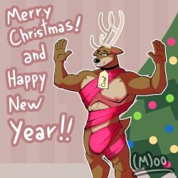 absurd_res animal_humanoid antlers balls blitzen bondage bound bow_ribbon christmas collar_tag deer digital_drawing_(artwork) digital_media_(artwork) eyewear fan_character genitals goggles hi_res holidays horn humanoid male male_focus male_only mammal muscular muscular_male new_world_deer nipples nixxxbot non-human non-human_only nude reindeer ribbon_bondage ribbons scut_tail short_tail simple_background snout solo tail torito_moo