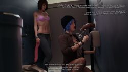 2girls 3d bathroom bisexual blue_hair bra brown_hair chloe_price clothed dark-skinned_male dialogue dinoboy555 english_text female glory_hole imminent_oral interracial life_is_strange male max_caulfield penis teenager toilet