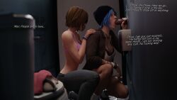 2girls 3d bathroom bisexual blowjob blue_hair brown_hair chloe_price closed_eyes clothed dark-skinned_male dialogue dinoboy555 english_text fellatio female glory_hole interracial life_is_strange male max_caulfield oral penis teenager toilet