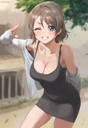 ai_generated blue_eyes breasts brown_hair cleavage levia9781 love_live! love_live!_sunshine!! short_hair short_skirt smile thighs tight_clothing tight_fit watanabe_you