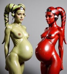 2girls ai_generated breasts female female_only oiled oiled_skin pregnant pussy red_skin shiny_skin standing star_wars thick_thighs thighs twi'lek