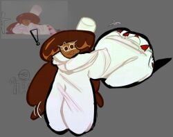 ! bent_over big_ass big_breasts brown_eyes brown_hair brown_skin clothed clothing cocoa_cookie cookie cookie_(cookie_run) cookie_run cookie_run_kingdom cookie_run_ovenbreak devsisters food_creature food_humanoid hat marshmallow motion_lines yijhyijho2