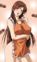 1girls apron blush breasts brown_hair censored closed_eyes cum ejaculation erect_nipples female handsfree_ejaculation hang_on_(circle) human kurihara_mari large_breasts male naked_apron open_mouth penis straight super_real_mahjong super_real_mahjong_p6