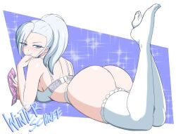 1girls ass big_ass blue_eyes bra condom condom_wrapper feet_up female female_only hair kmkz-art lace lace-trimmed_bra lace_trim legwear lingerie looking_back on_stomach ponytail rwby solo solo_female thighhighs thighs white_bra white_hair white_thighhighs winter_schnee