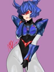 blue_hair fully_clothed genderswap_(mtf) hand_on_head humanformers soundwave standing transformers visor_(eyewear)