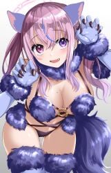 1girls absurdres akihila animal_ears bent_over blush breasts claw_pose cosplay cute_fang fake_animal_ears fake_claws fate/grand_order fate_(series) female fur-trimmed_gloves fur_bikini fur_trim gloves halo heterochromia highres indie_virtual_youtuber kurumizawa_ririka large_breasts long_hair looking_at_viewer mash_kyrielight mash_kyrielight_(dangerous_beast) mash_kyrielight_(dangerous_beast)_(cosplay) mole mole_on_breast oerba_yun_fang open_mouth pink_hair purple_eyes red_eyes smile solo thigh_gap virtual_youtuber