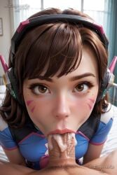 1boy :>= ai_generated artist_name bed blue_bodysuit blush bodysuit breasts brown_eyes brown_hair censored clothed_female_nude_male cum cum_in_mouth d.va erection eugenericai eyelashes facial_mark fellatio female headphones indoors lips long_hair looking_at_viewer looking_up male_pubic_hair mole nose on_bed oral overwatch overwatch_2 penis pilot_suit pov pubic_hair realistic saliva solo_focus straight swept_bangs uncensored veins veiny_penis watermark whisker_markings window