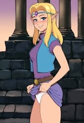 ai_generated blonde_hair blue_eyes blush cd-i lifted lifted_by_self looking_at_viewer nintendo panties pointy_ears princess_zelda skirt skirt_lift the_legend_of_zelda the_legend_of_zelda_(cd-i) thighs underwear white_panties