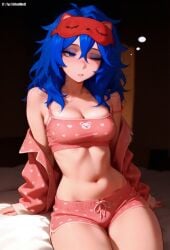 a1exwell ai_generated crop_top female mask medium_breasts miside mita_(miside) off_shoulder open_clothes pijama shorts sleep_mask sleepy stable_diffusion thighs