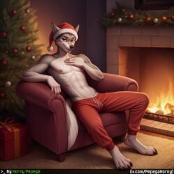 abs ai_generated anthro armchair bulge canid canine canis chair christmas christmas_clothing christmas_headwear clothing detailed_background digital_media_(artwork) digital_painting_(artwork) fireplace full-length_portrait furniture furry furry_male furry_only hat headgear headwear horny_pepega looking_at_viewer male male_focus mammal navel nipples paws portrait santa_hat shaded sitting smile solo solo_focus sweatpants wolf