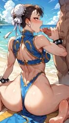 1boy 1girls abs ai_generated beach_background blush_lines blushing_at_partner brown_eyes_female brown_hair_female bun_cover chun-li earring hair_accessory holding_partner's_penis kneeling_oral_position licking_penis muscular_male open_mouth oral_sex penis spiked_bracelet street_fighter taiiil testicles tongue_out twin_buns