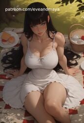 1girls abs ai ai_generated ai_women arms bare bare_legs bare_shoulders bare_thighs big_breasts breasts eveandmaya female fit_female large_breasts long_hair looking_at_viewer muscles muscular muscular_female patreon picnic pleasure_face sexy sexy.ai tease thick_thighs