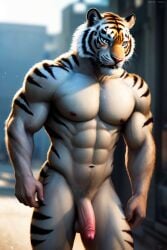 ai_generated erect, fur, muscular, naked, solo, stripes white