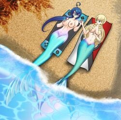 2girls bare_shoulders beach beach_towel belly belly_button blonde_hair blue_eyes blue_hair breasts color digital_media_(artwork) fins fuuko_(kazeoceantide) game_freak glasses hachimitsu-ink hair_covering_breasts hands_on_breasts holding_hands light_skin lillie_(pokemon) long_hair mermaid mermaid_girl mermaid_tail mermaid_transformation nintendo_switch nipples original_character pokeball_print pokemon pokemon_sm ponytail sand seafoam_(water) seaside thin_waist topless water wide_hips yuri