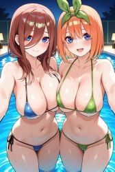 ai_generated bikini blue_eyes breast_press go-toubun_no_hanayome large_breasts midriff nakano_miku nakano_yotsuba orange_hair red_hair sisters small_bikini smile sweat